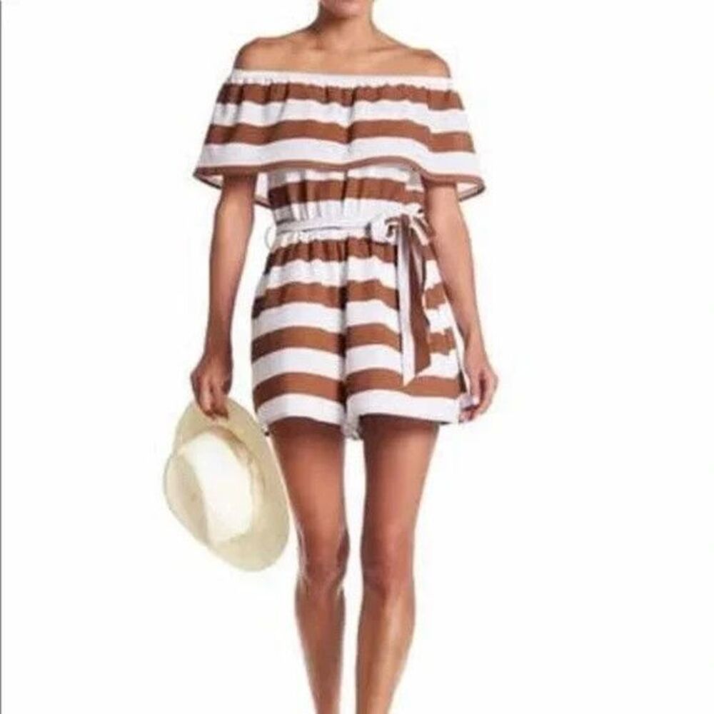 HYFVE Blue/White Stripe Romper On or Off Shoulder Tie Belt Pockets Sz S NWT